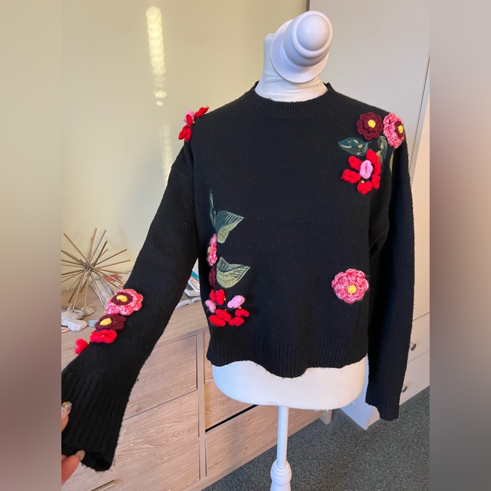 3D Flower Appliqué Tufted Embroidered Wool Blend Oversized Baggy Modest Sweater - Picture 6 of 16
